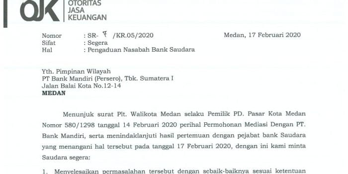 Polemik Pasar Kota Medan dan Bank Mandiri  OJK Ingatkan Bank Mandiri Risiko Hukum dan Reputasi
