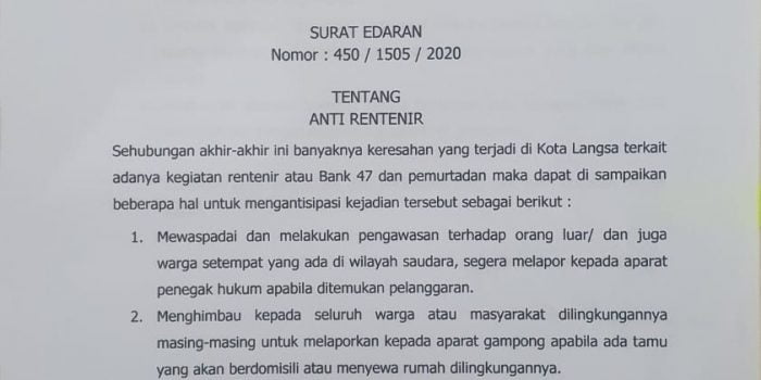 Ini Surat  Edaran Walikota Tentang Antipasi Rentenir