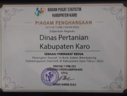 Distan Kabupaten Karo Dapat Penghargaan Terbaik ke 2 Perangkat Daerah Mendukung Pembangunan Statistik