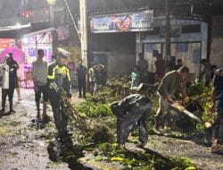 Malam Hari, Polres Aceh Selatan Bersihkan Pohon Tumbang di Lintasan Jalan Negara